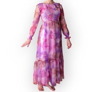 1960s 1970s Vintage Pink Purple Ruffled Chiffon Maxi Dress Long Sleeve XS S